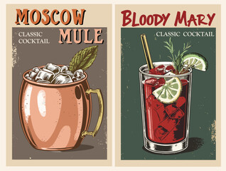 Cocktails retro poster set. Moscow Mule, Bloody Mary. Collection of popular alcohol drinks. Vintage flat vector illustrations for bar, pub, restaurant, kitchen wall art print.