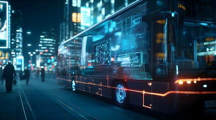 Obraz premium Futuristic Autonomous Electric Bus With Digital Display Navigating A Busy City Street At Night With Blurred Pedestrians