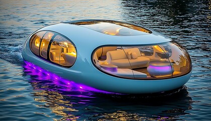 Futuristic Boat Cruising Calm Waters.
