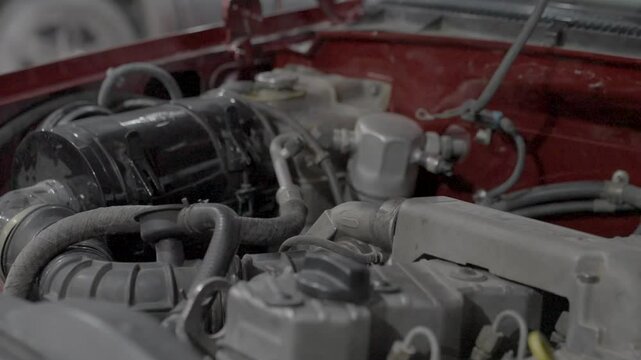 Motor de auto rojo, camioneta roja. Footage de Autos. Taller.