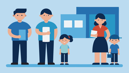 Fototapeta premium Queue for Childcare A line of parents waiting outside a childcare facility each with a child looking anxious and holding different documents indicating theyre seeking enrollment.