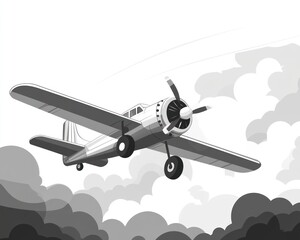 Vintage propeller plane flying above clouds; aviation history illustration
