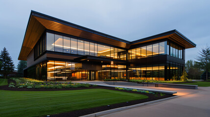 Fototapeta premium An Evening's Embrace Architectural Marvel of Modern Corporate Design Illuminated Under Twilight's