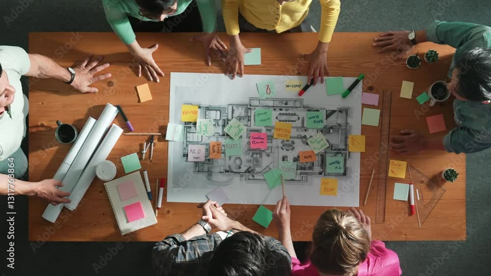Poster top down view of smart business people shaking hands and making a contract. aerial view of architect