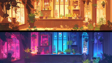 A vibrant indoor botanical garden scene showcasing lush plants under warm and cool lighting