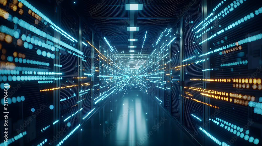 Poster futuristic server room with blue and orange data streams flowing through dark corridor highlighting 