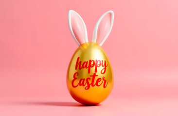 Fototapeta premium Easter card mockup golden egg with bunny ears and red text 