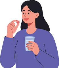 Woman holding a glass of water and a pill with a cheerful expression in flat vector art style showcasing health and wellness themes