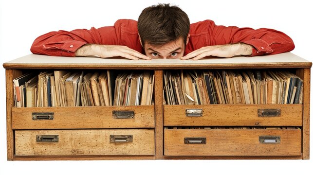 a man looking at a drawer full of records. , Generative art.