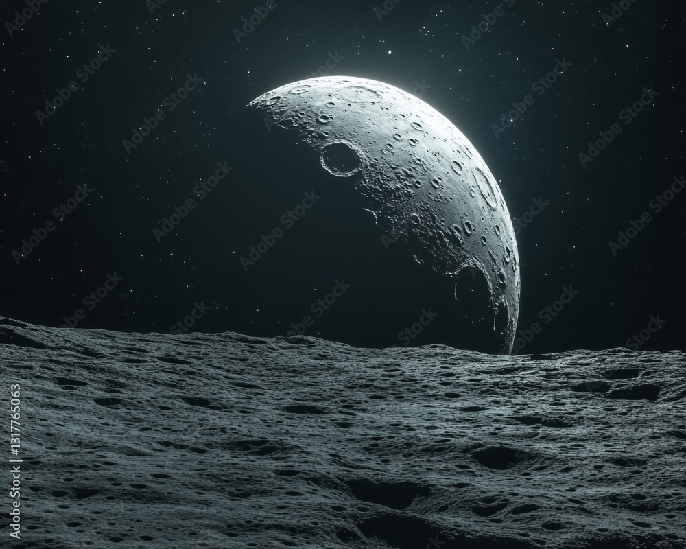 Poster cratered lunar surface with a partial moon in the background, showcasing a dark, mysterious, and cos