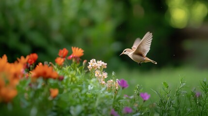 Fototapeta premium Small bird in flight amongst colorful flowers