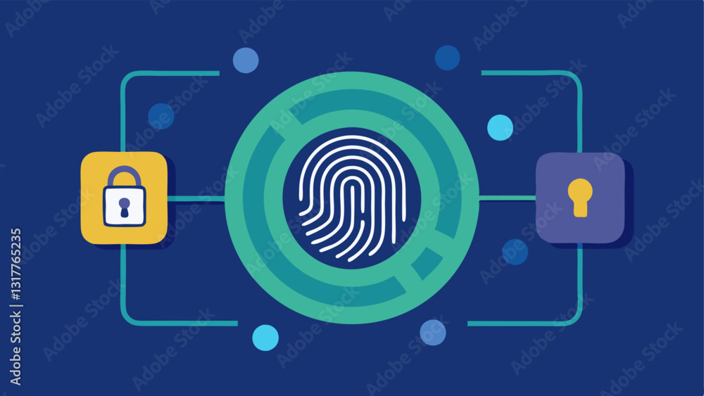 Poster identity verification an icon showing a fingerprint and a digital id with a blockchain background sy