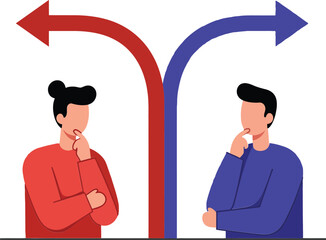 Two individuals contemplating decisions at a crossroads with directional arrows in a minimal flat design vector illustration