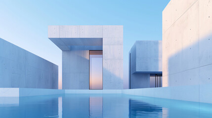 Obraz premium Serenity's Embrace A Minimalist Architectural Masterpiece Reflecting Tranquility in the Azure