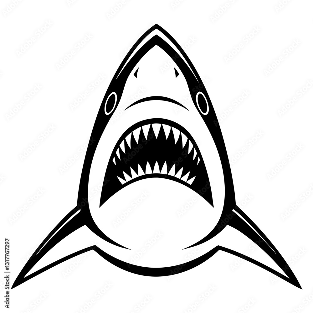 Poster a close-up view of a fierce shark with an open mouth, showcasing its sharp teeth and intense express