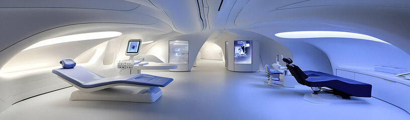 Futuristic clinic interior; patient chairs, modern design