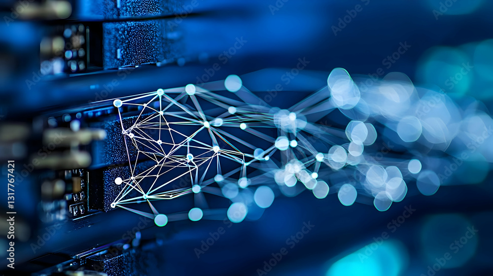 Poster abstract futuristic network connection with glowing nodes and lines in a dark blue server room depic