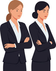 Professional women in stylish suits with arms crossed, showcasing confidence and determination in a minimal vector illustration