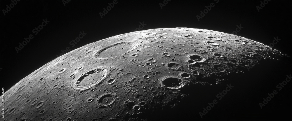 Poster Close-up of cratered lunar surface, showing texture and detail, representing the vastness of space and the history of celestial bodies, suitable for science or astronomy concepts