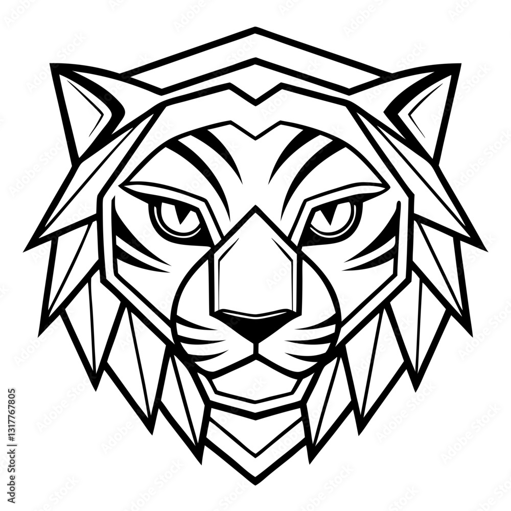 Poster a geometric tiger mascot head illustration. the image is in black and white, with the tiger's face c