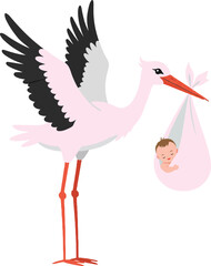 Naklejka premium A whimsical stork carrying a newborn baby in a pink bundle, depicted in a playful flat design style, celebrating new life in vibrant vector art