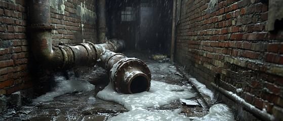 Obraz premium Broken pipe leaks in alley
