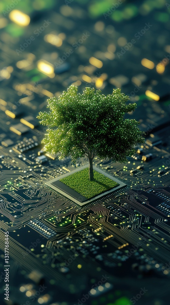 Poster a vibrant tree grows on a microchip, symbolizing the fusion of nature and technology in a futuristic