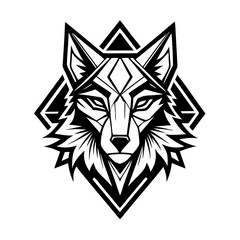 Fototapeta premium a graphic of a wolf with a geometric design. The wolf is surrounded by a black geometric shape, showcasing a minimalist and artistic illustration