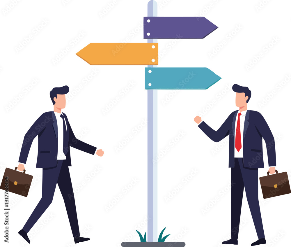 Poster two business professionals walking towards a directional signpost in a minimal flat design vector il