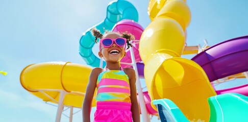 Obraz premium happy child playing at a colorful aqua park on a sunny day, summer vacation concept 