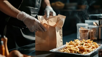 In a bustling kitchen during the evening hours, the chef expertly prepares a takeout bag brimming with crispy fries