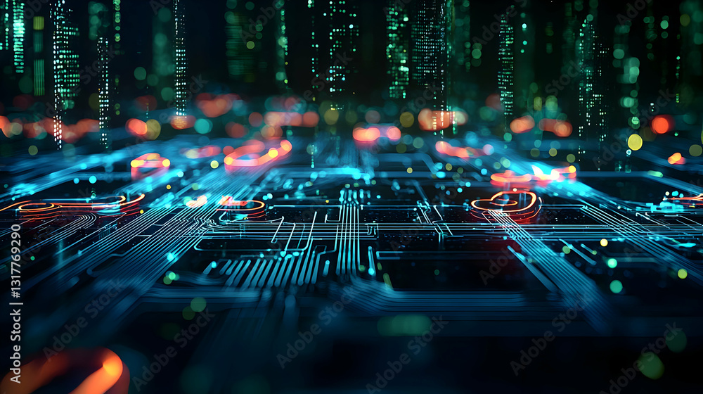 Poster futuristic circuit board with glowing blue and orange lights in a dark digital environment with a gr