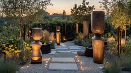 A garden path illuminated by sculptures and lights, leading to a distant hillside.