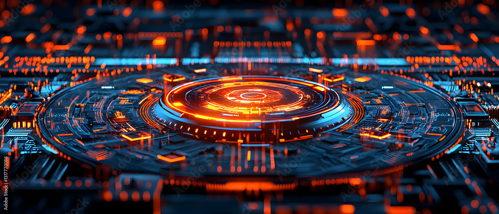 Poster glowing orange and blue circular microchip on a complex circuit board with intricate details and dar