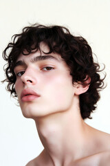 Close-up portrait of a young male model showcasing his curly hair, healthy skin, and captivating gaze, embodying contemporary beauty standards