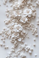 White floral arrangement, pearl accents, close-up, wedding invitation design