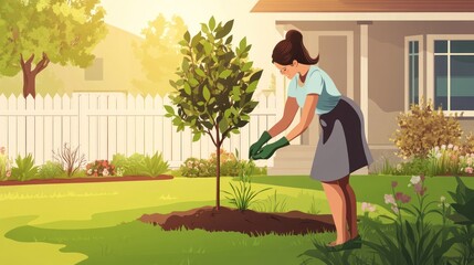 Gardening in a Sunny Backyard: A Woman Tending to Plants and Trees for a Lush, Green Landscape