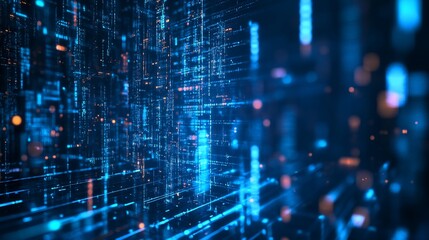 Fototapeta premium Abstract Digital Data Stream Visualization: Futuristic Blue and Orange Code Matrix