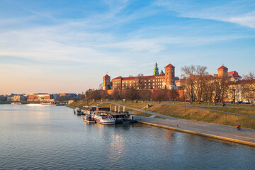 Wawel castle famous landmark in Krakow Poland. Picturesque landscape on coast river Wisla