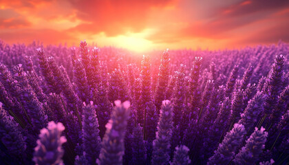 Obraz premium Lavender field bathed in warm sunset light casting a purplish hue