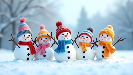 five happy snowmen with colorful hats, snowy scene