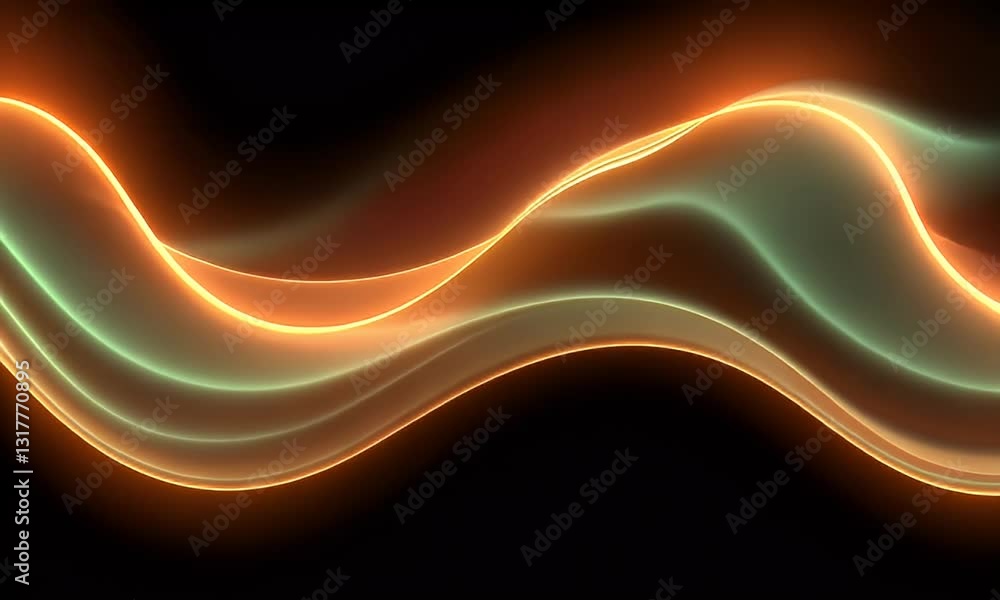 Poster abstract wavy lines with green and orange light against black background digital rendering of modern