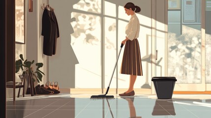 Woman Cleaning a Modern Home Interior with Natural Light and Shadows