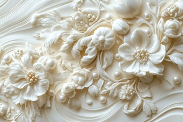 White floral relief wall art, pearl accents, elegant background, interior design