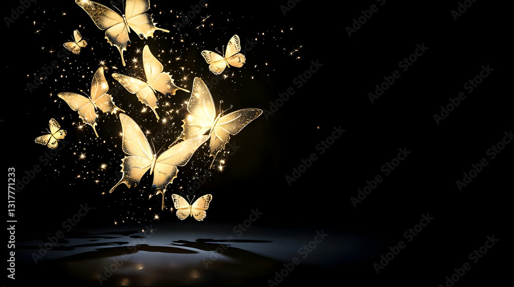 Poster golden butterflies with sparkling particles on a dark background with subtle light reflections