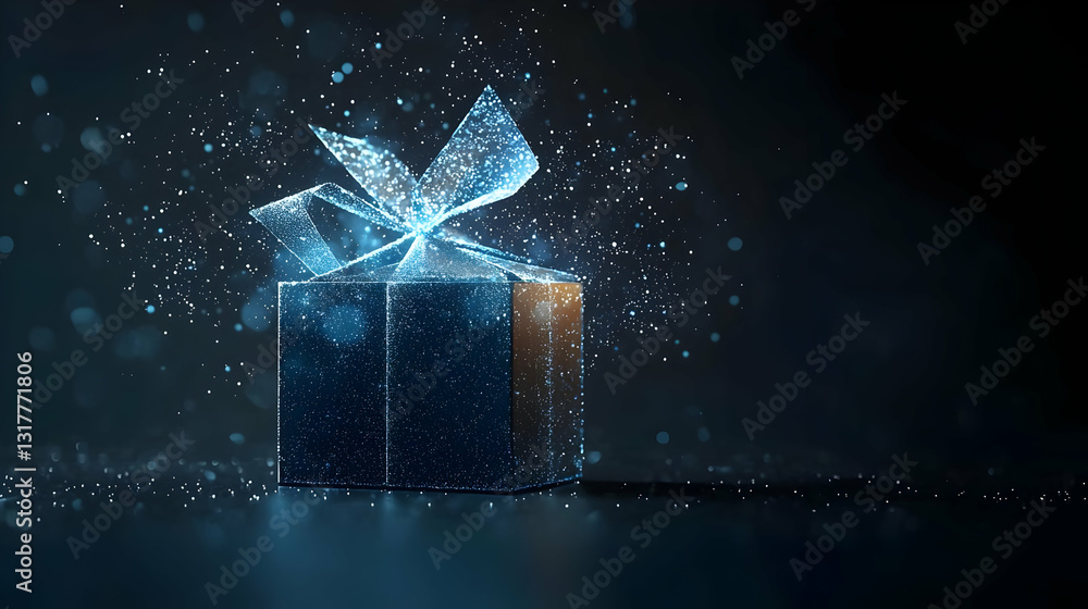 Poster a 3d rendered glowing blue gift box with open lid and sparkling light particles on a dark background