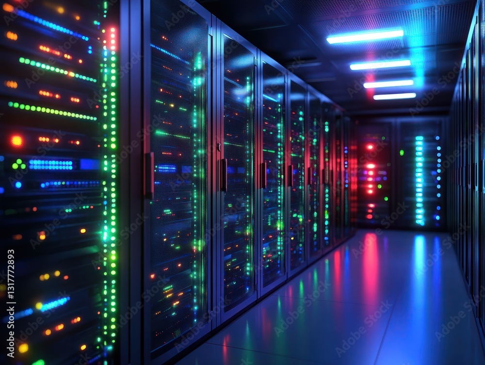 Poster a vibrant data center filled with illuminated server racks, showcasing advanced technology and digit