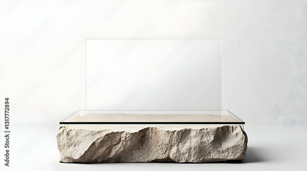 Poster empty glass display platform atop textured stone podium on white studio background with subtle grain