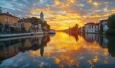 Spectacular Sunset Reflecting on Venetian Canal, Burano Island, Italy