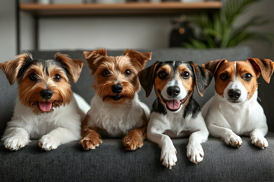 Four adorable dogs resting on a couch, looking cute and photogenic
